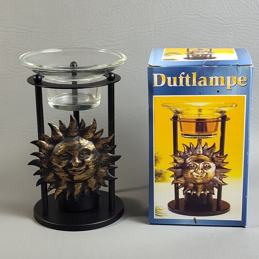 Vintage Duftlampe Celestial Sun Oil & Candle Warmer Tea‎ Light Bronze Black 90s